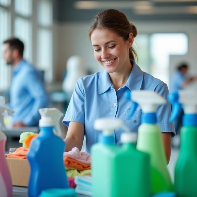 Professional cleaning team member in uniform organizing eco-friendly cleaning supplies