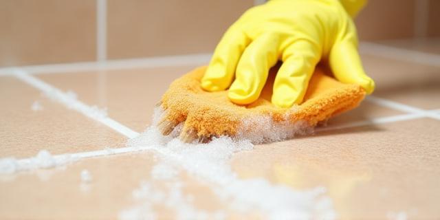 Close-up of a person scrubbing tile grout for a deep clean