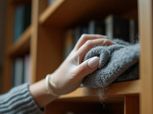 A detail shot of a hand meticulously dusting a bookshelf, highlighting careful attention to detail