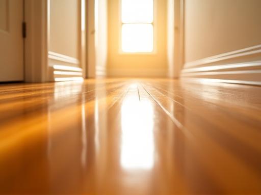 Gleaming hardwood floors reflecting light in a spacious Miami hallway