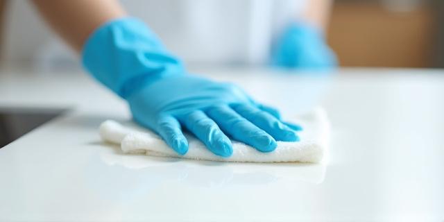 A hand wiping down a clean kitchen counter